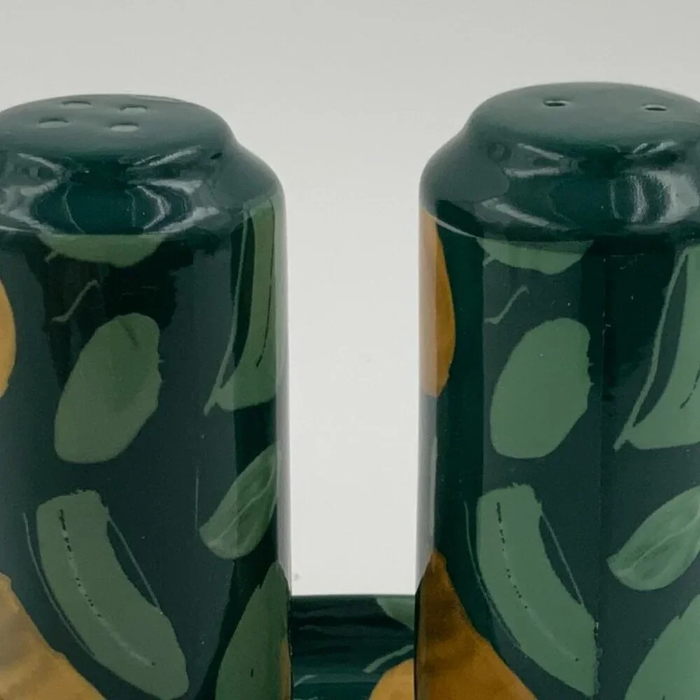 Anthropologie Holly and Pear Salt and Pepper Shakers With Ceramic Tray NEW